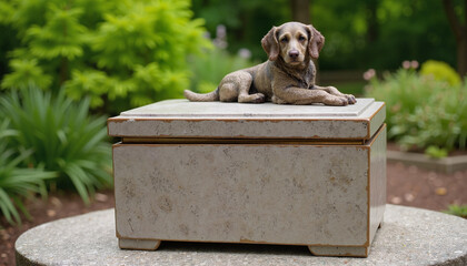 Stone pet urn with reclining dog figurine in garden setting