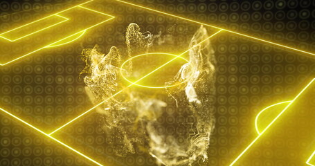 Wall Mural - Glowing yellow lines and particles forming soccer field image over digital background