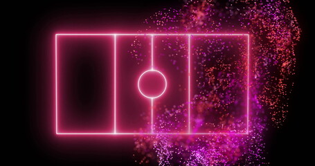 Wall Mural - Neon pink soccer field lines with colorful particles image over black background