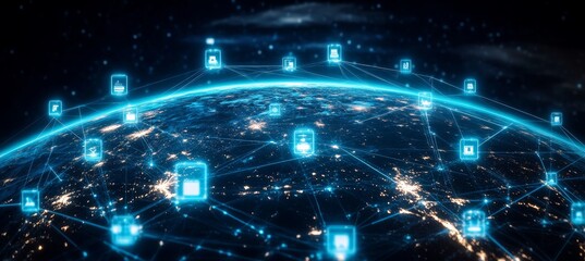 Leinwandbilder - World digital networking structure. Technology wireless server communication system. Business people team social linked database. Generative AI technology.	
