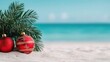 © Panuma - A tropical Christmas scene featuring red ornaments beside a palm frond on sandy beach, with serene turquoise ocean in the background.