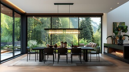 Poster - A contemporary dining room with large windows, a black wood table and chairs, a modern chandelier above the table.