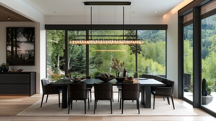 Poster - A contemporary dining room with large windows, a black wood table and chairs, a modern chandelier above the table.