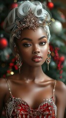 Canvas Print - A gorgeous black dark skin woman with silver hair, wearing a Christmas dress.