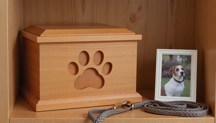 Wall Mural - Wooden pet urn with paw engraving, leash, and photo on shelf