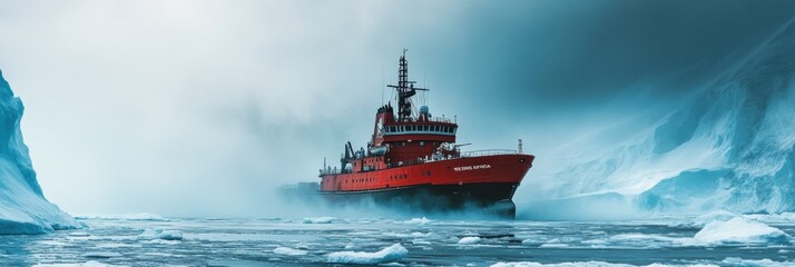 Fototapete - A red icebreaker ship powers through icy waters in the polar region, surrounded by majestic glaciers and misty conditions. Generative AI