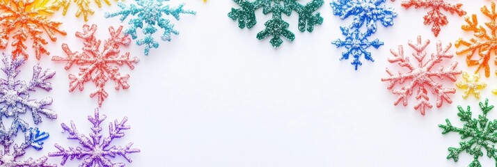 Leinwandbilder - Rainbow colored snowflakes with detailed patterns surround a blank area, providing a playful, festive vibe perfect for various design projects. Generative AI