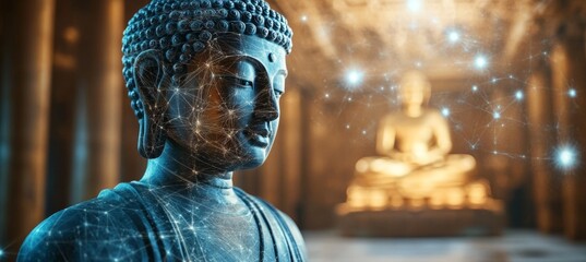 Wall Mural - Buddha statue with digital network effect. Religion pray sacred symbol concept. Generative AI technology.