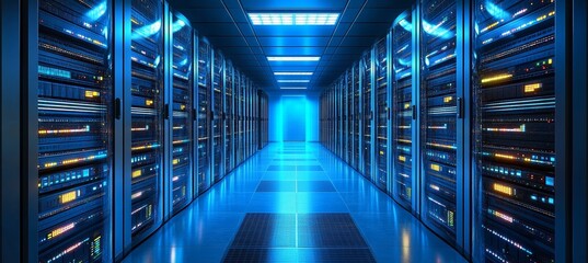 Fototapete - High speed computer on data server room. Hardware computing infrastructure system. Generative AI technology.	
