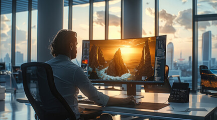 Poster - A modern media creator sits at a sleek workstation in a bright, futuristic office filled with natural light. On their large monitor.