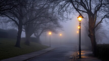 Poster - Foggy street, lamplight, bare trees, misty scene.