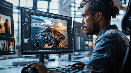 Poster - A modern media creator sits at a sleek workstation in a bright, futuristic office filled with natural light. On their large monitor.