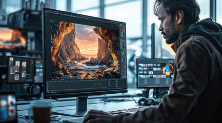 Poster - A modern media creator sits at a sleek workstation in a bright, futuristic office filled with natural light. On their large monitor.