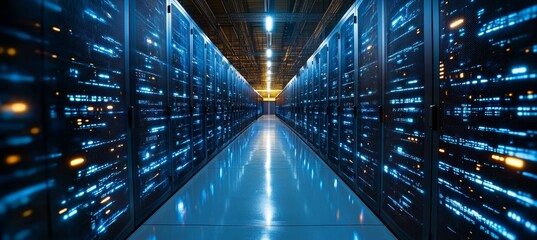 Fototapete - Digital bigdata server center room. Hardware computing infrastructure system. Generative AI technology.	
