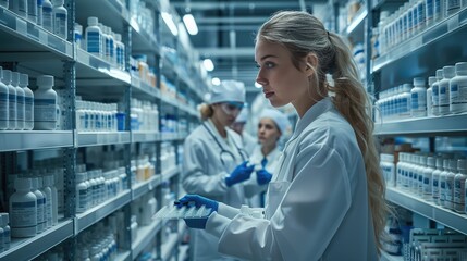 Poster - A group of healthcare professionals working in a state-of-the-art pharmaceutical warehouse, surrounded by meticulously organized shelves of medical supplies.