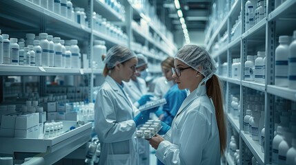 Poster - A group of healthcare professionals working in a state-of-the-art pharmaceutical warehouse, surrounded by meticulously organized shelves of medical supplies.