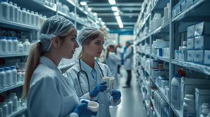 Poster - A group of healthcare professionals working in a state-of-the-art pharmaceutical warehouse, surrounded by meticulously organized shelves of medical supplies.