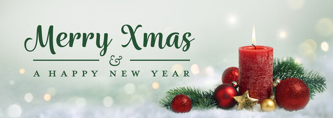 Wall Mural - christmas greeting card english text - merry christmas and happy new year - xmas decoration with red