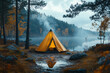 © Johanddss - Illuminated Tent Beside Autumnal Lake in Misty Forest