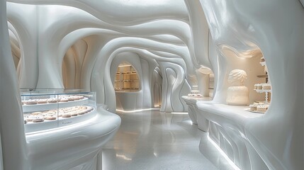 Leinwandbilder - A cookie bakery interior with white sparkling walls made of stretched dough that looks like an esophagus.
