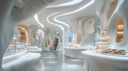 Leinwandbilder - A cookie bakery interior with white sparkling walls made of stretched dough that looks like an esophagus.