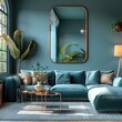 © visoot - A turquoise-colored living room with a large rectangular mirror in a copper frame on the wall. The decor is in copper tones.