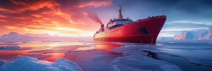Leinwandbilder - This powerful red icebreaker ship is cutting through frozen polar waters surrounded by towering glaciers during a vibrant sunset. Generative AI