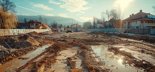 Poster - Landscape of a construction site with empty space in the middle.