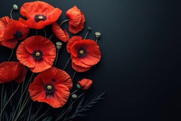 Wall Mural - a bouquet of red poppies is arranged on a black background