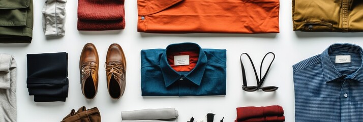 Aufkleber - Various clothing styles such as shirts, pants, and accessories arranged neatly on a white surface, providing ample space for creative text. Generative AI