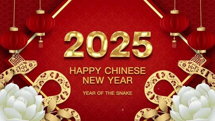 Wall Mural - happy chinese new year 2025 year of snake text on red background with oriental style decoration, mot