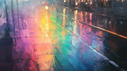 Wall Mural - Rainbow reflections, wet city street, night.