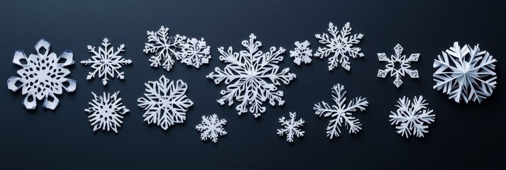 Fototapete - A collection of handcrafted paper snowflakes showcases exquisite patterns and offers blank spaces for creative text personalization. Generative AI
