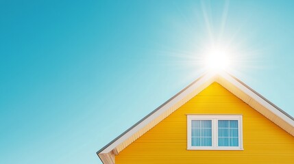 Wall Mural - bright yellow house under a clear blue sky with sun shining above during a sunny day