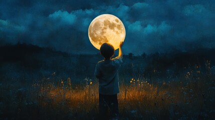 Wall Mural - boy holding moon at night. mixed media