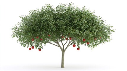 Lush apple tree with ripe red apples isolated on white background. Generative ai