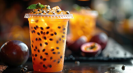 Poster - Clear plastic cup filled with sparkling passion fruit soda, garnished with passionfruit seeds, clean and crisp lighting.