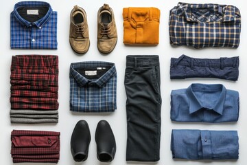 Poster - Different styles of clothing items are displayed, featuring shirts, pants, shoes, and accessories on a white background with space for text. Generative AI