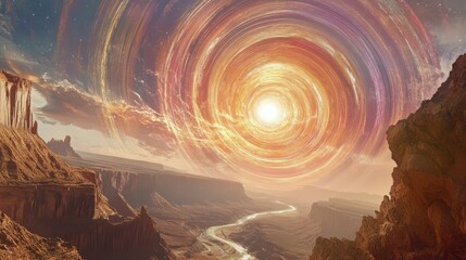 Wall Mural - colorful rings of matter swirling around a bright star over a stunning canyon , colorful, rings, mat