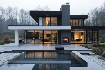 Wall Mural - Modern Minimalist House With Infinity Pool And Fireplace