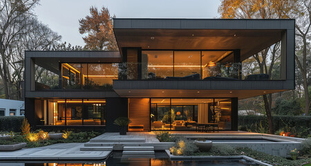 Poster - Modern country house, high-tech style house, dark concrete house with dark oak wood inserts.