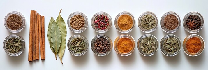 Poster - Vibrant spices in small jars alongside bay leaves and cinnamon sticks create an aromatic display on a clean white surface. Generative AI