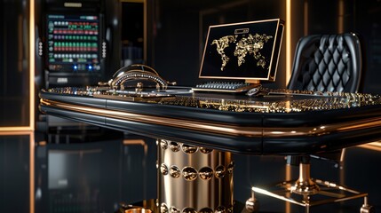 Leinwandbilder - Isolated trading desk, casino theme, gold, black, luxury, finance, banking, black background.