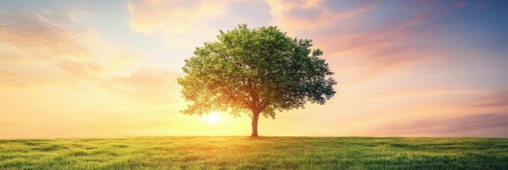 Aufkleber - A solitary tree rises in an expansive field, illuminated by a radiant sunset that paints the sky in hues of orange and pink, inviting tranquility. Generative AI