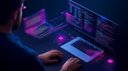 Creative digital programmer manipulating holographic interfaces at night in a modern workspace