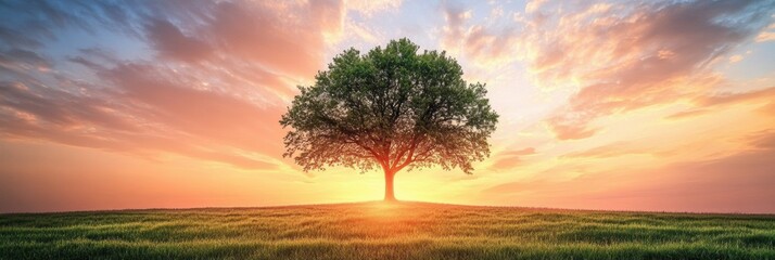 Poster - A solitary tree stands tall in an expansive field, illuminated by the warm hues of a stunning sunset, inviting reflection and inspiration. Generative AI