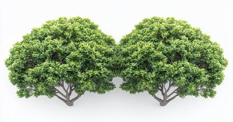 Lush green trees, symmetrical, isolated on white background. Perfect for design projects, nature themes, or environmental concepts.
