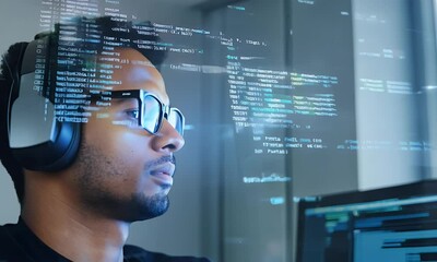 Focused Programmer:  A young man deeply engrossed in coding, illuminated by the glow of his computer screens.
