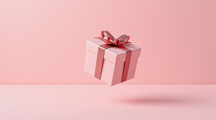 Wall Mural - Pink Gift Present Box Floating Flying in Air Against Clean Background, St. Valentine's Day, Christmas or Birthday Greetings