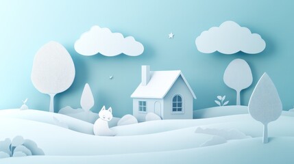 3D, Cute paper-cut style, with white clouds in the sky, trees on both sides of snow-covered hills, a small house with an arctic fox sitting outside the window, a simple background color,